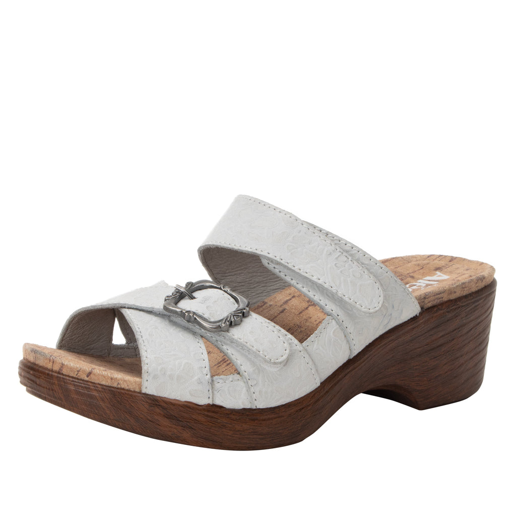 Sierra Delicut White two-strap adjustable hook and loop sandal on a wood look wedge outsole - SIE-7408_S1