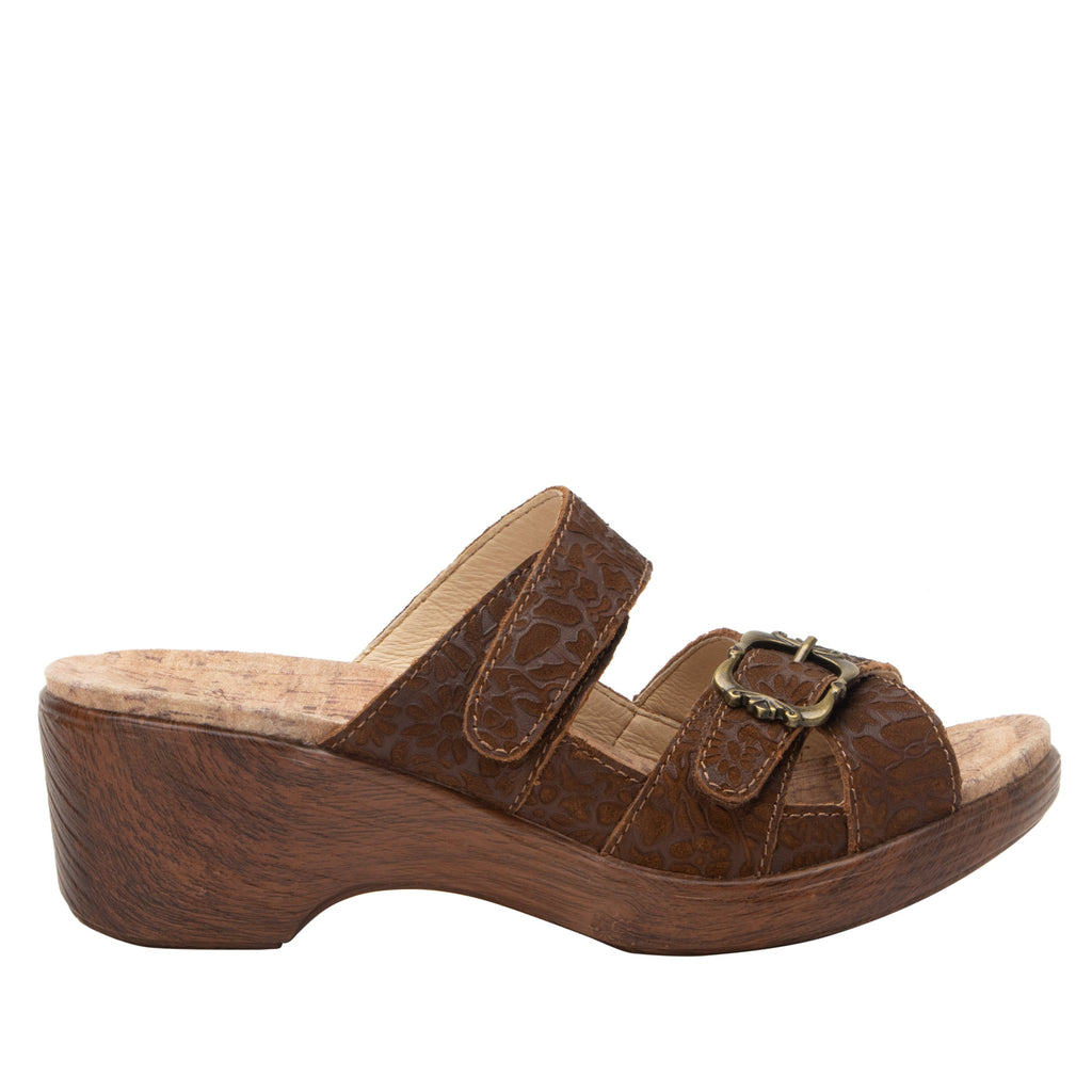 Sierra Delicut Tawny two-strap adjustable hook and loop sandal on a wood look wedge outsole - SIE-7608_S2