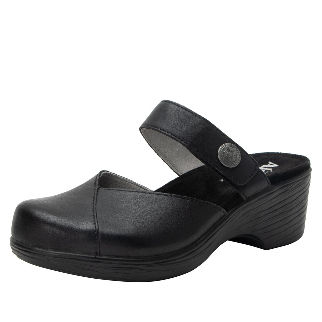 Sydni Coal clog with adjustable hook and loop closure on a wood look wedge outsole- SYD-7406_S1