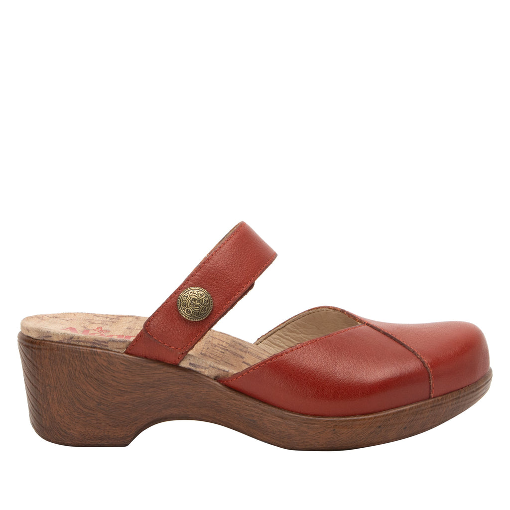 Sydni Rust clog with adjustable hook and loop closure on a wood look wedge outsole - SYD-7444_S3