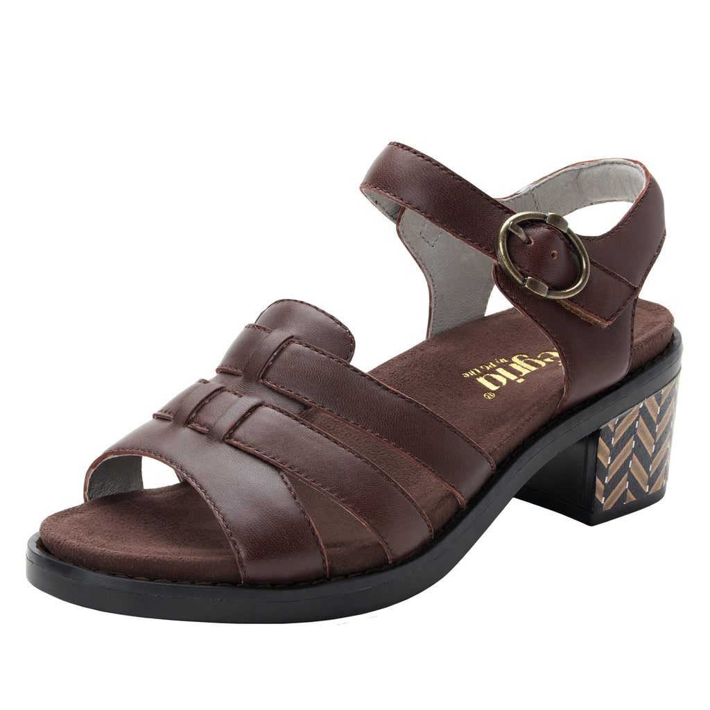 Tasia Mocha adjustable strap slide sandal with printed leather wrapped comfort block heel outsole- TAS-602_S1