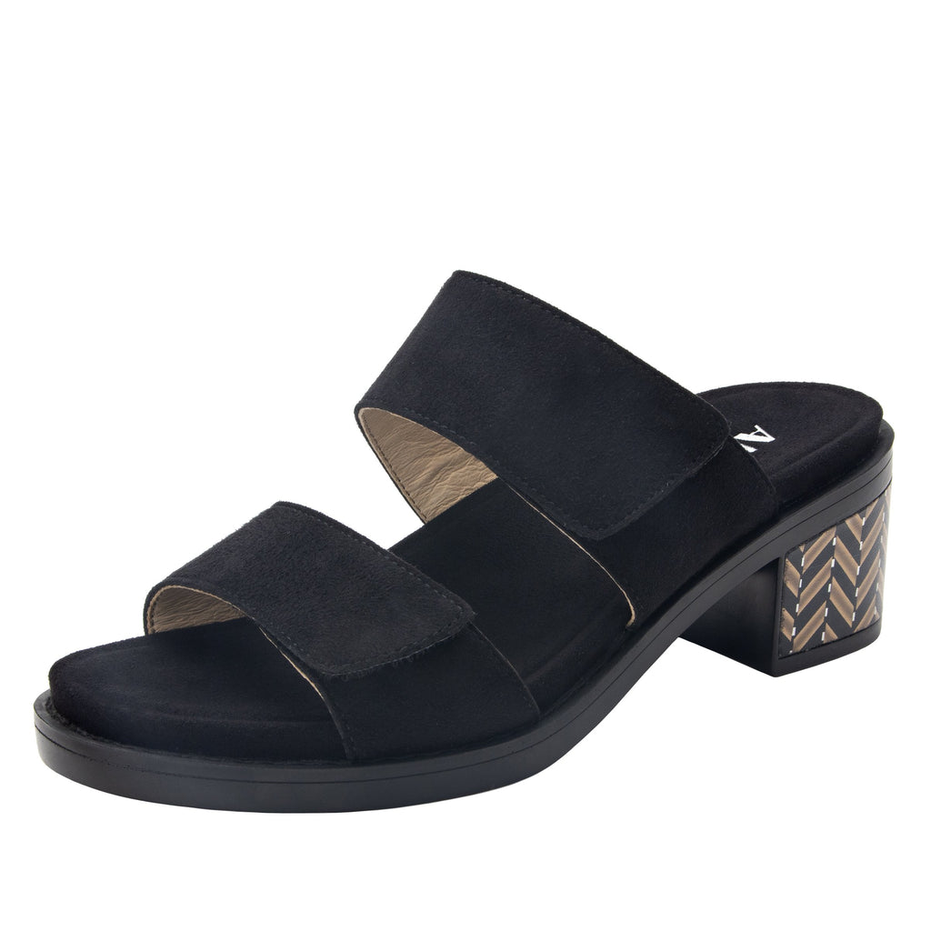 Tia Black adjustable strap slip on sandal with printed leather wrapped comfort block heel outsole- TIA-601_S1