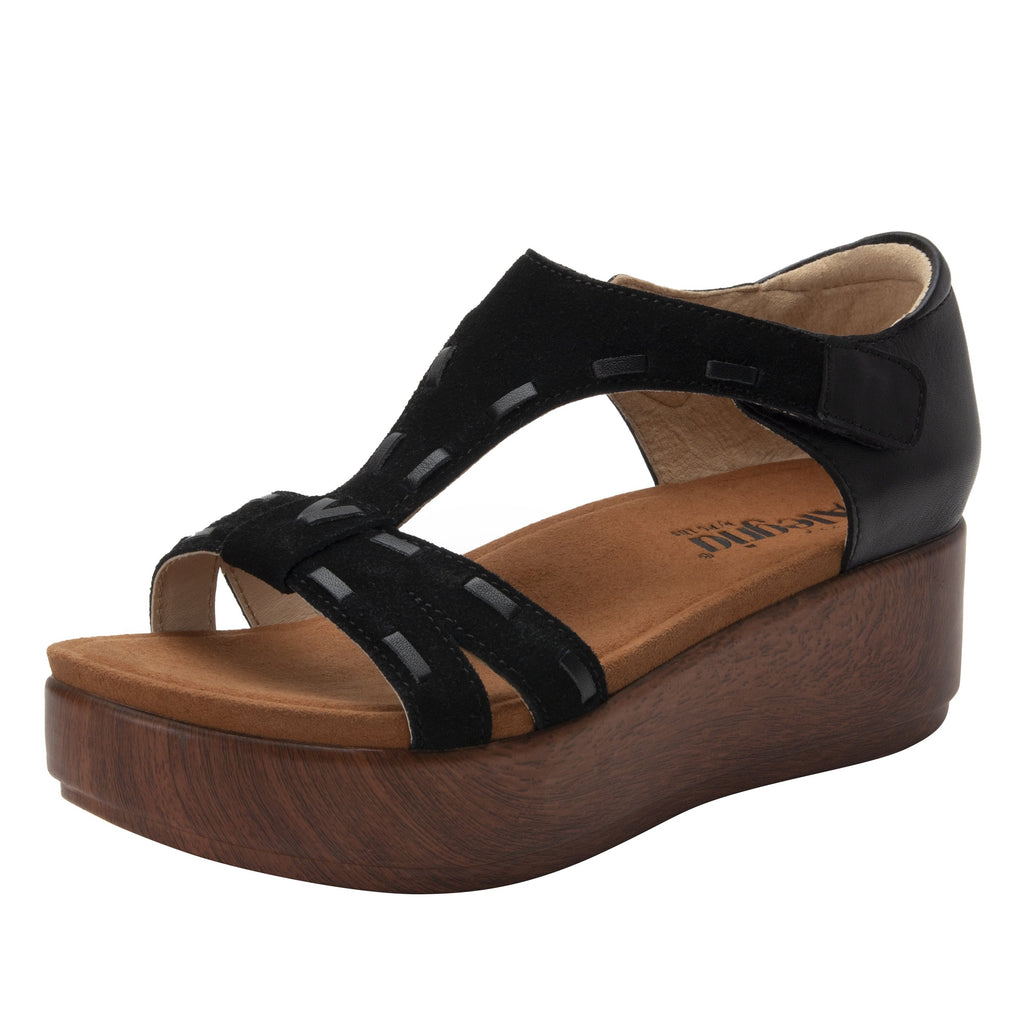Tova Black comfort flatform wedge t-strap sandal, with exposed microsuede footbed - TOV-601_S1