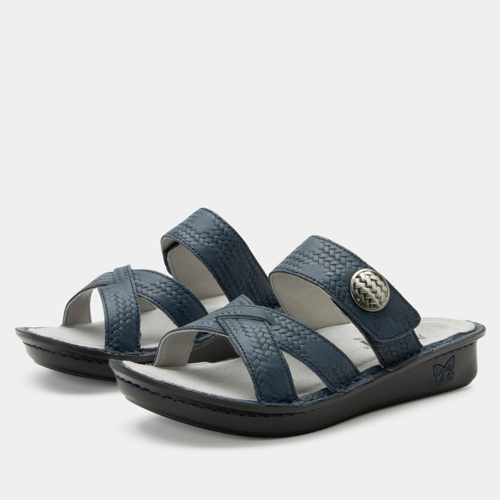 Victoriah Basketry Navy sandal with crisscross detail and adjustable strap on a mini outsole - VIC-6112_S1