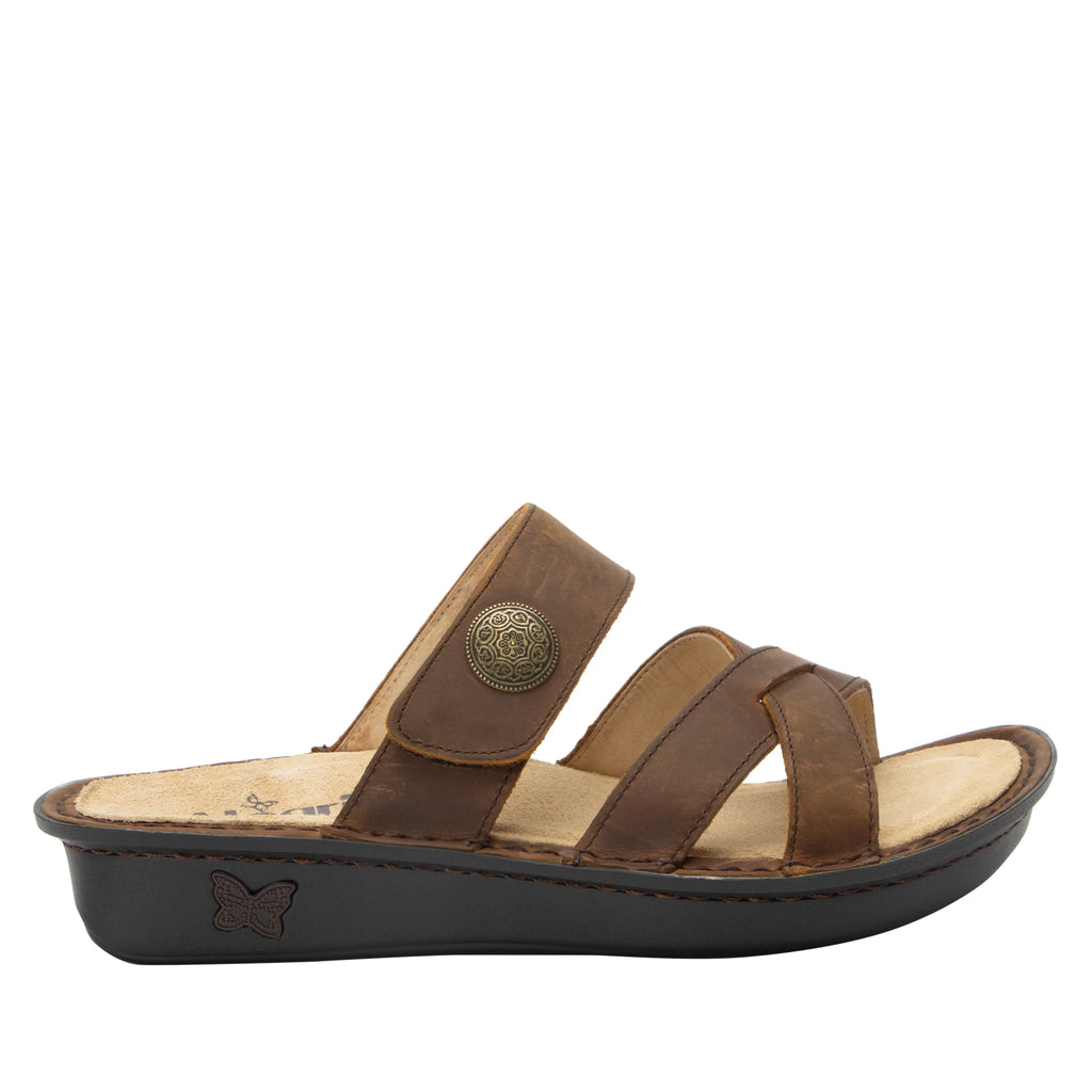 Victoriah Oiled Brown with crisscross detail and adjustable strap slide on sandal on mini outsole - VIC-7412_S3