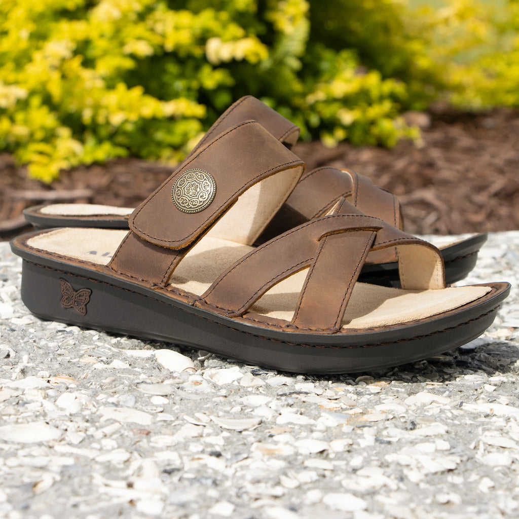 Victoriah Oiled Brown with crisscross detail and adjustable strap slide on sandal on mini outsole - VIC-7412_S2