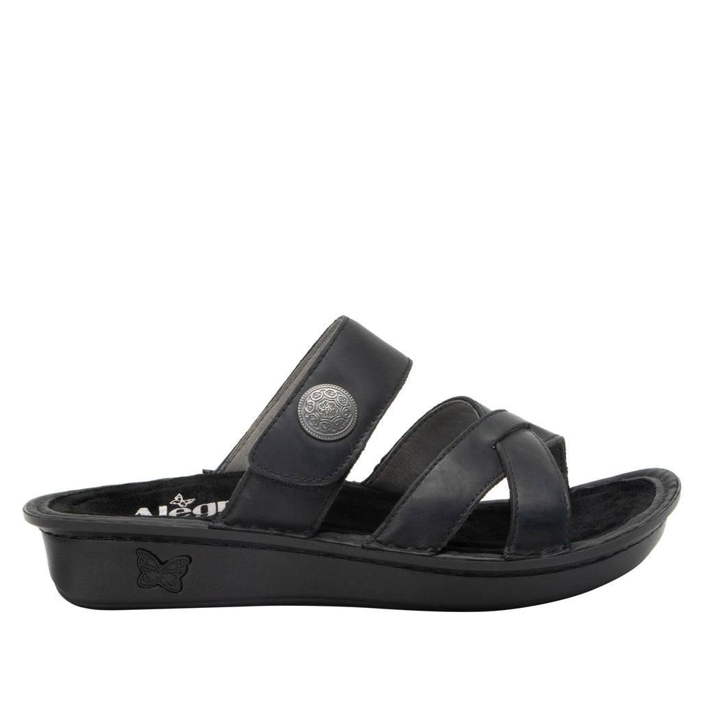 Victoriah Oiled Black with crisscross detail and adjustable strap slide on sandal on mini outsole - VIC-7414_S3