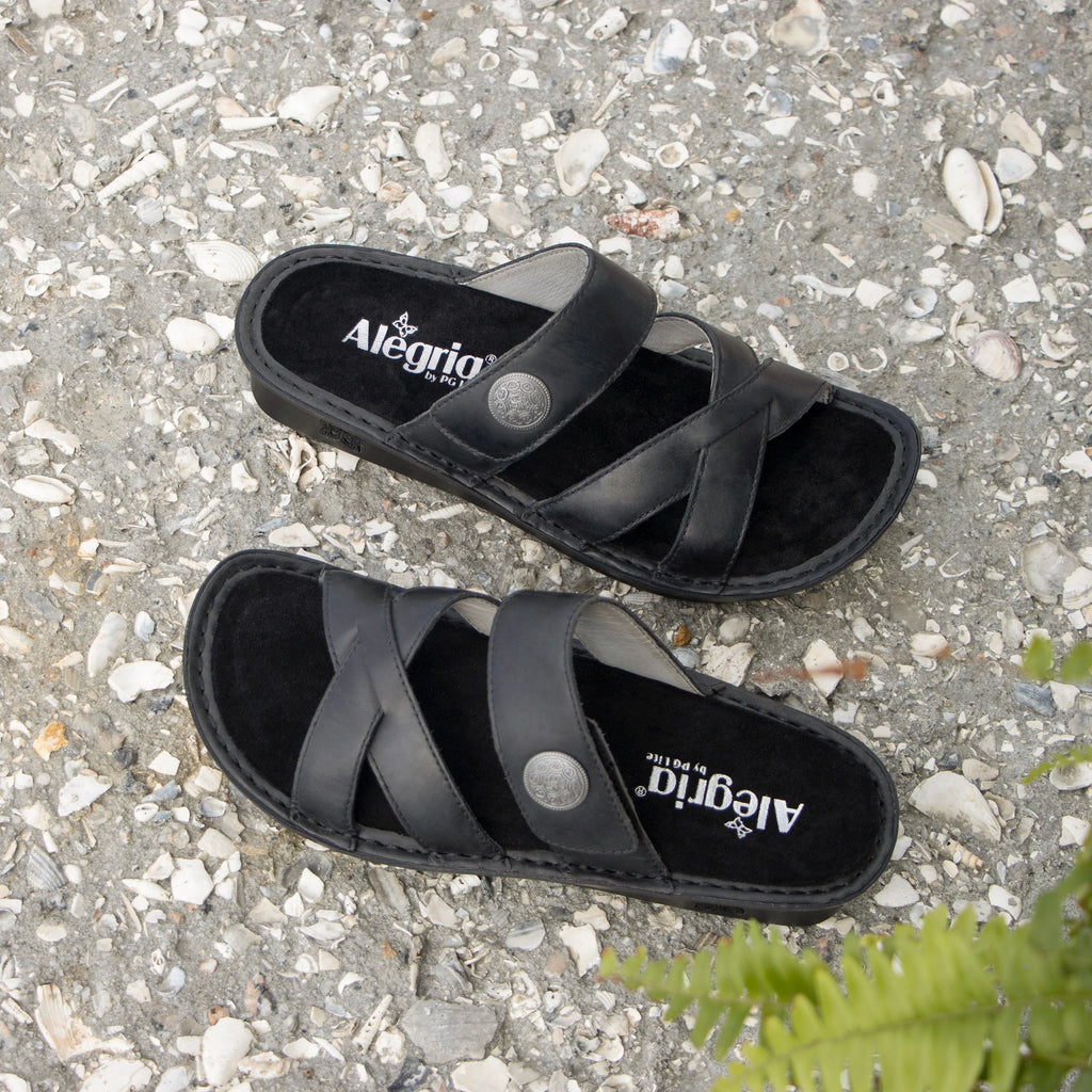 Victoriah Oiled Black with crisscross detail and adjustable strap slide on sandal on mini outsole - VIC-7414_S2