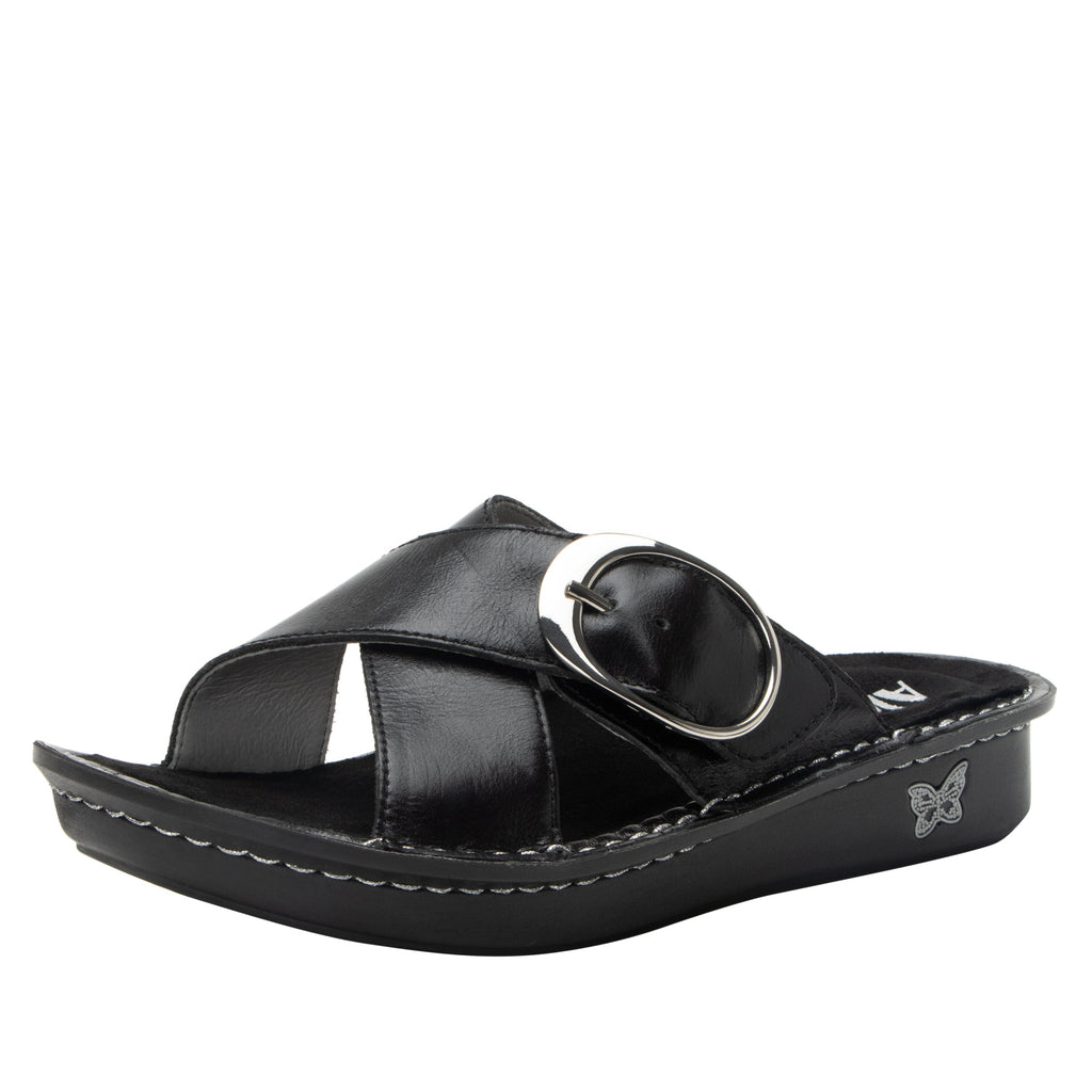 Vanya Noir slide sandal with cross straps and buckle on a mini outsole - VYA-7409_S1