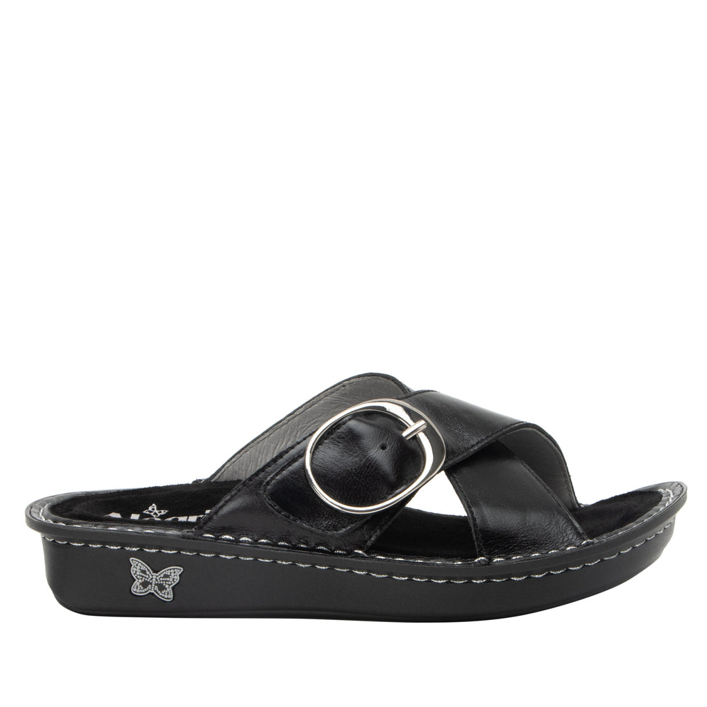 Vanya Noir slide sandal with cross straps and buckle on a mini outsole - VYA-7409_S3