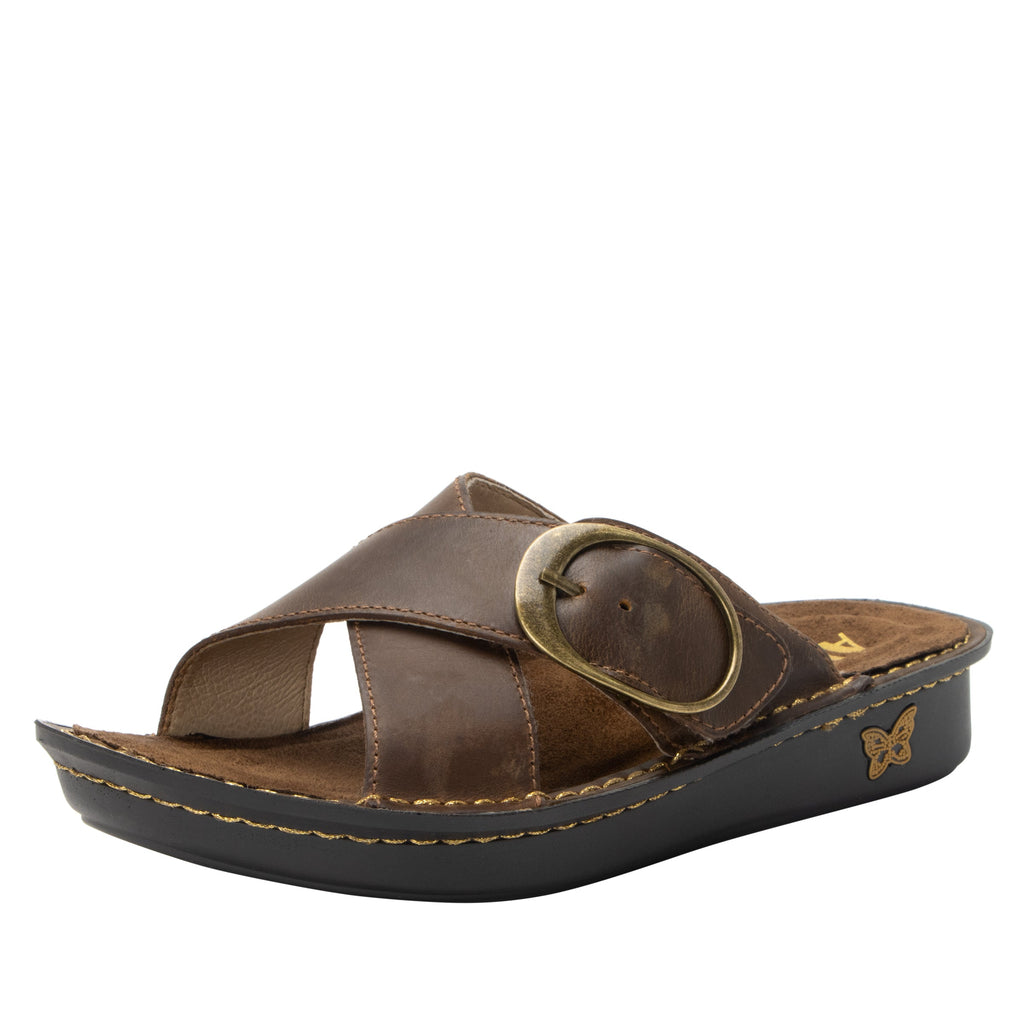 Vanya Oiled Brown slide sandal with cross straps and buckle on a mini outsole - VYA-7412_S1