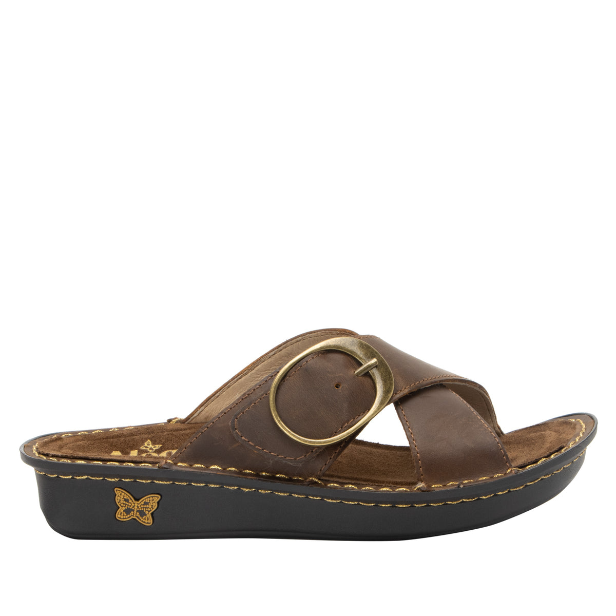Vanya Oiled Brown slide sandal with cross straps and buckle on a mini outsole - VYA-7412_S3