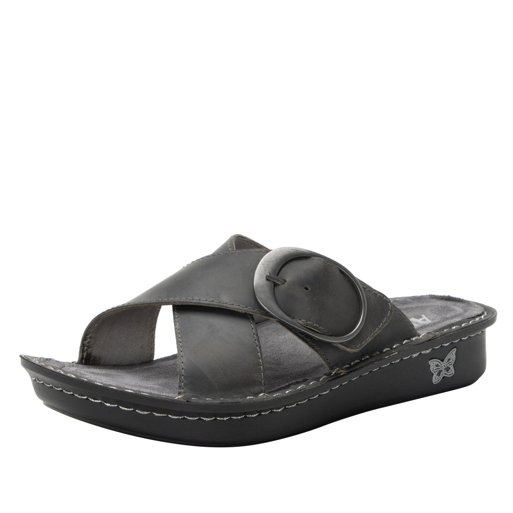 Vanya Oiled Ash slide sandal with cross straps and buckle on a mini outsole - VYA-7413_S1